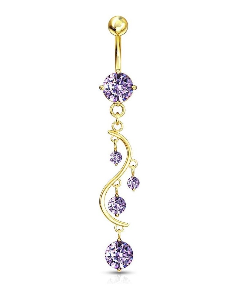 14kt Gold Plated Surgical Steel Fancy Purple CZ Crystal Vine Drop Multi Gem Dangle Belly Button Ring $10.19 Body Jewelry