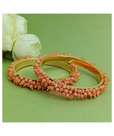 Fashion Jewelry Indian Bollywood Gold Tone Crystal Beaded Bracelets Bangle Set (2 Pieces) For Women, 2-8, Alloy Peach Color (...