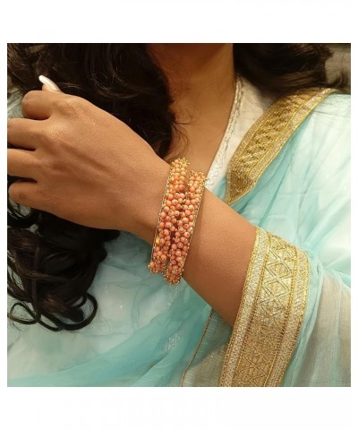 Fashion Jewelry Indian Bollywood Gold Tone Crystal Beaded Bracelets Bangle Set (2 Pieces) For Women, 2-8, Alloy Peach Color (...