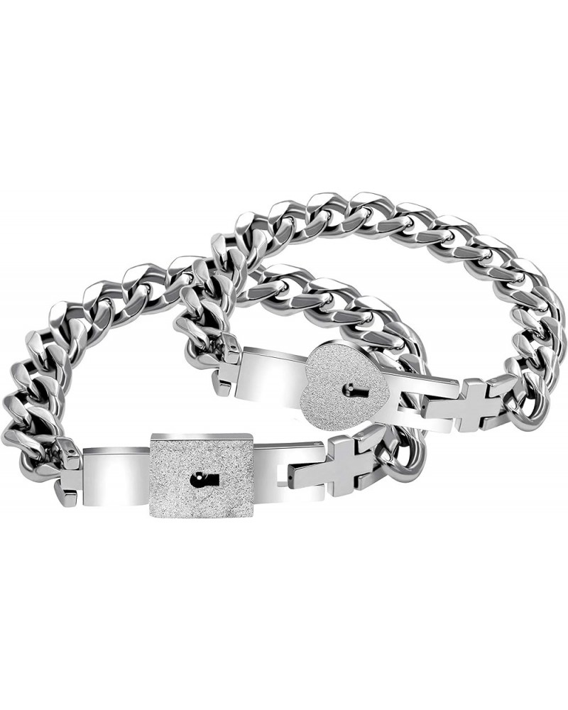 Titanium Steel Cuban Chain Bracelets for Couples, His and Hers Square Heart Lock Bangles Matching Jewelry Set Y853 Steel $12....