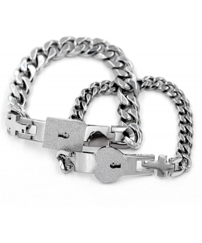 Titanium Steel Cuban Chain Bracelets for Couples, His and Hers Square Heart Lock Bangles Matching Jewelry Set Y853 Steel $12....