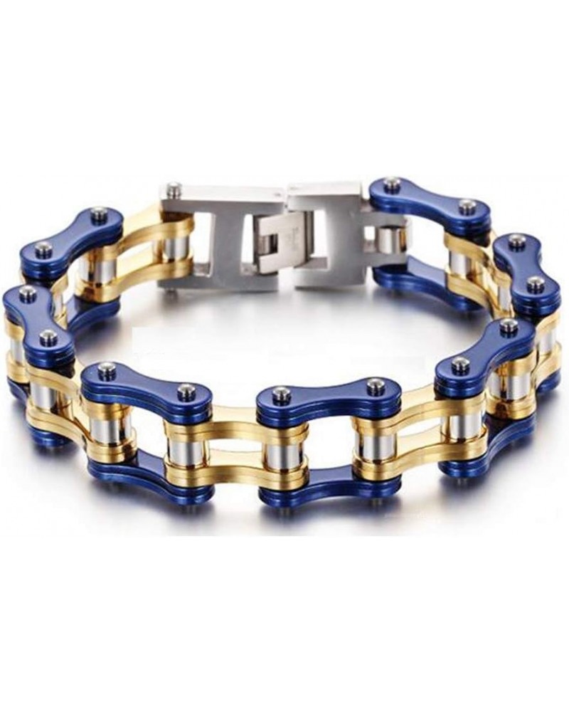 Stainless Steel Mens Women Bike Bracelet Motorcycle Biker Chain WideHeavy Bangle Man Jewelry Two-tone Polished Blue-Gold 22.0...