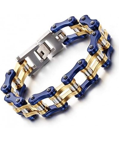 Stainless Steel Mens Women Bike Bracelet Motorcycle Biker Chain WideHeavy Bangle Man Jewelry Two-tone Polished Blue-Gold 22.0...