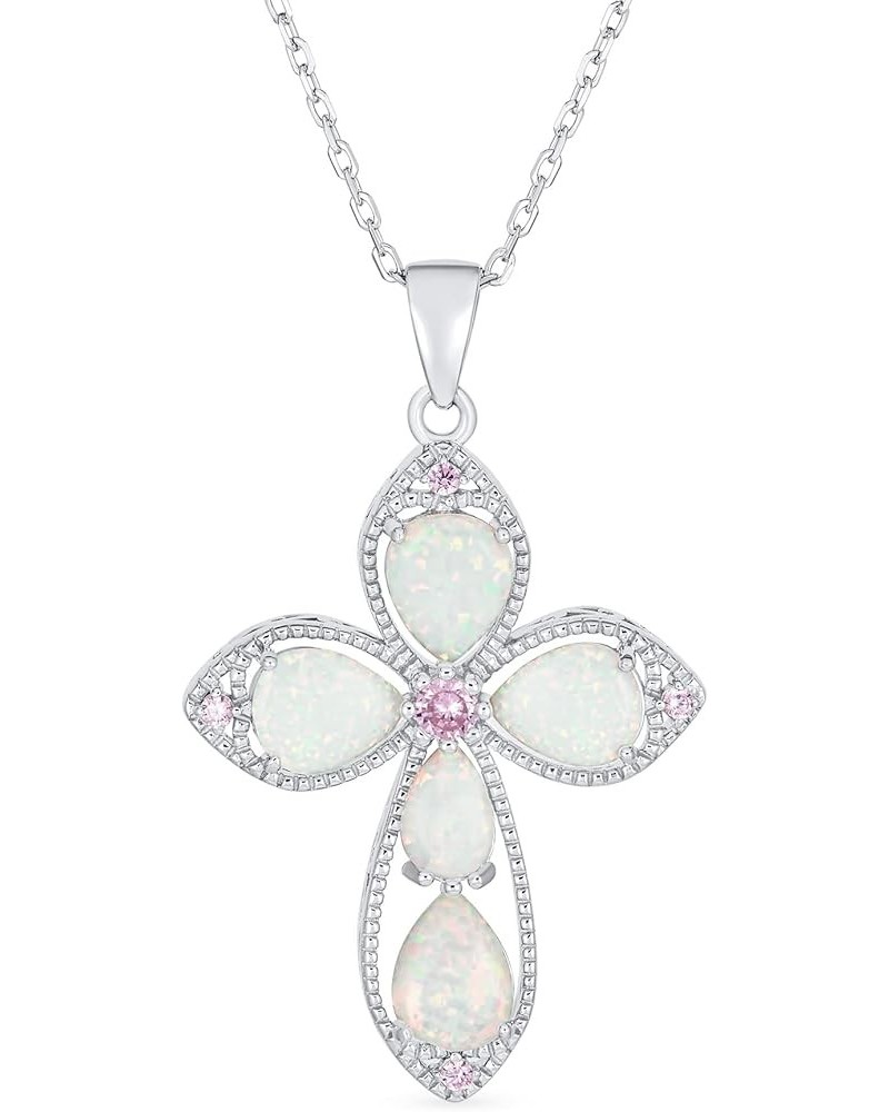 Antique Vintage Style Gemstone Pink Accent CZ Blue White Created Opal Christian Eternal Circle Botonee Cross Necklace Pendant...