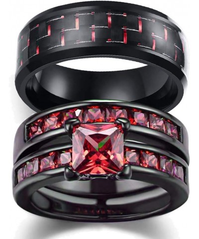 TWO RINGS His And Hers Couple Ring Bridal Set His Hers 3pc Women Black Gold Filled Red Cz Man Stainless Steel Wedding Ring Ba...