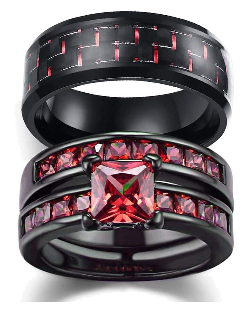 TWO RINGS His And Hers Couple Ring Bridal Set His Hers 3pc Women Black Gold Filled Red Cz Man Stainless Steel Wedding Ring Ba...