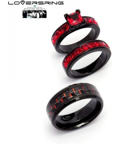 TWO RINGS His And Hers Couple Ring Bridal Set His Hers 3pc Women Black Gold Filled Red Cz Man Stainless Steel Wedding Ring Ba...