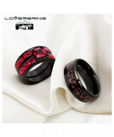 TWO RINGS His And Hers Couple Ring Bridal Set His Hers 3pc Women Black Gold Filled Red Cz Man Stainless Steel Wedding Ring Ba...