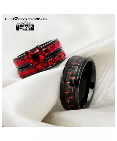 TWO RINGS His And Hers Couple Ring Bridal Set His Hers 3pc Women Black Gold Filled Red Cz Man Stainless Steel Wedding Ring Ba...