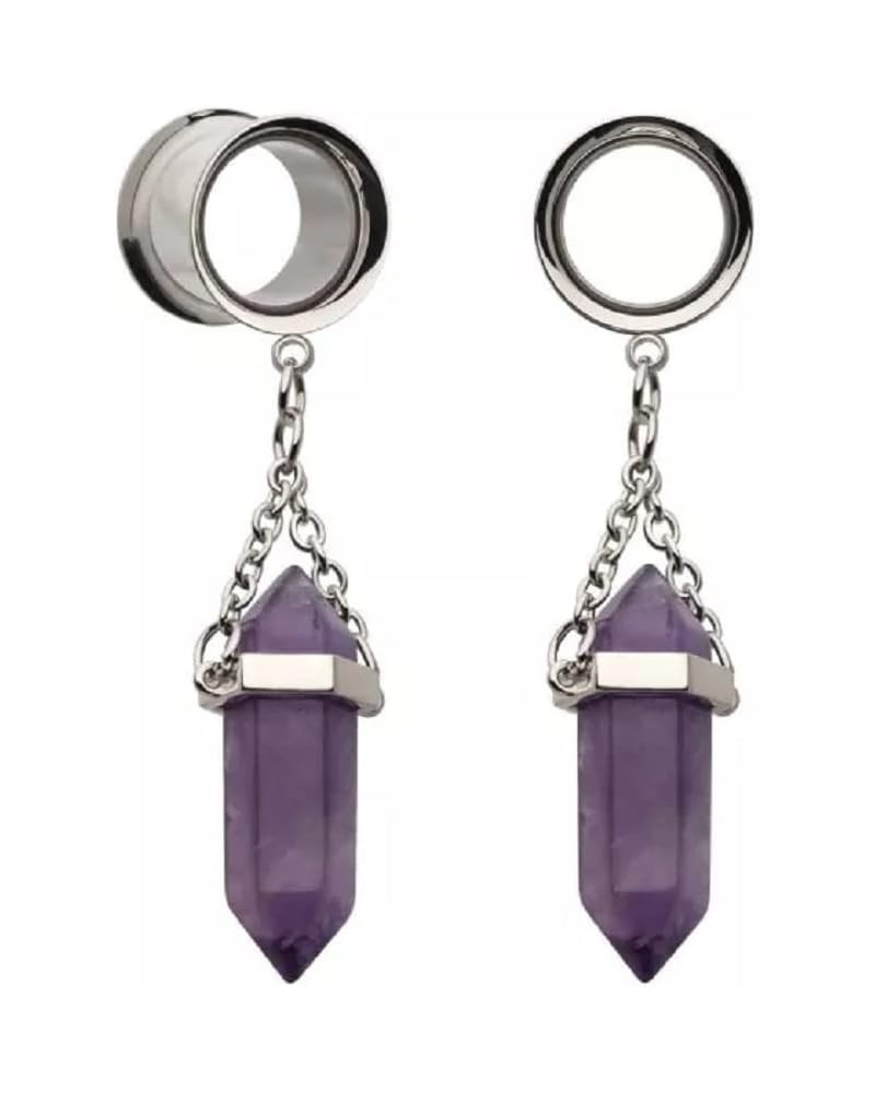 316L Stainless Steel Dangling Amethyst Stone Double Flared Tunnel Plugs, Sold as a Pair 10mm (00GA) $9.61 Body Jewelry