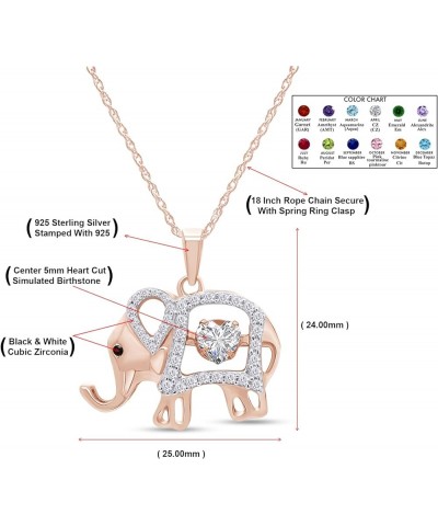 5MM Heart Cut Simulated Birthstones And White CZ Elephant Pendant Necklace In 14k Rose Gold Over Sterling Silver Gemstone Ele...