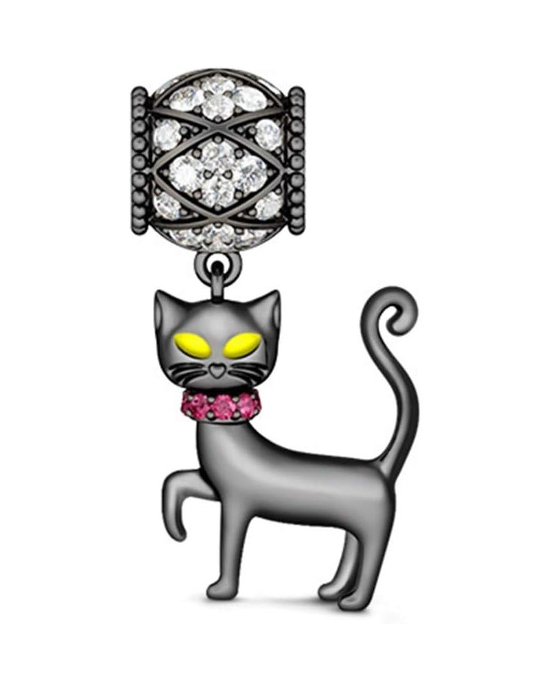 Happy Halloween Black Cat Charm Pendant 925 Sterling Silver Elegant Animal Dangle Charm for Bracelet/Necklace Women Girls Fri...