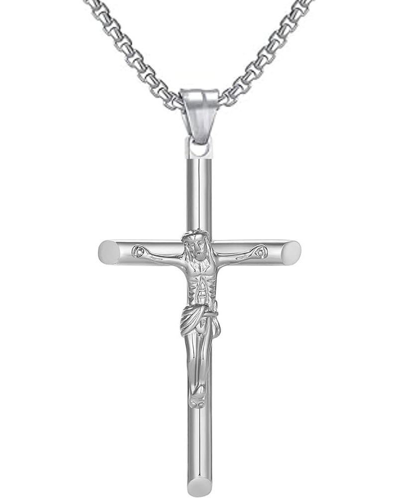 18K Jesus Cross Crucifix CATHOLIC Pendant Necklace for Men/Women with 3mm 22' Stainless steel Box chain Necklace SILVER $10.5...