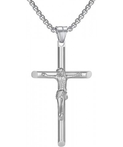 18K Jesus Cross Crucifix CATHOLIC Pendant Necklace for Men/Women with 3mm 22' Stainless steel Box chain Necklace SILVER $10.5...