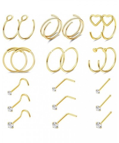 21Pcs 22G Nose Rings Hoops 20G Surgical Steel Nose Studs Nostril Nose Piercings Jewelry for Women Men Heart Double Nose Ring ...