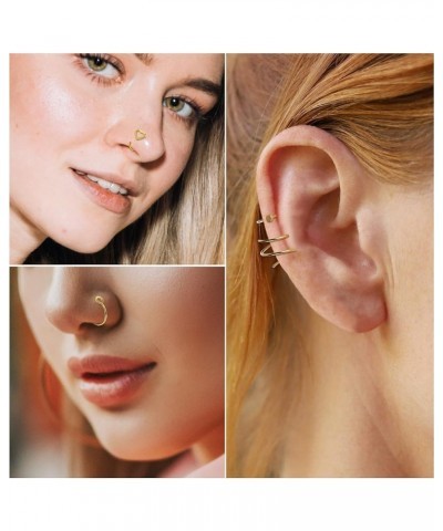 21Pcs 22G Nose Rings Hoops 20G Surgical Steel Nose Studs Nostril Nose Piercings Jewelry for Women Men Heart Double Nose Ring ...