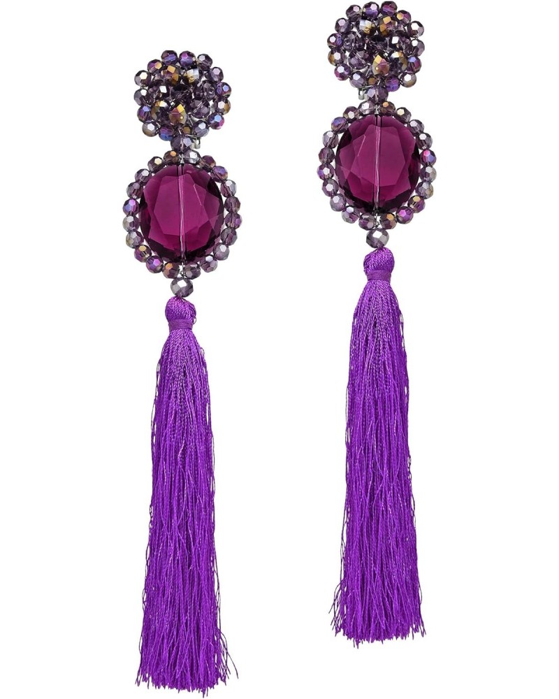 Dramatic Statement Purple Crystal & Cotton Tassels Dangle Clip on Earrings | Purple Dangle Earrings for Women | Crystal Jewel...