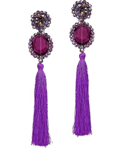 Dramatic Statement Purple Crystal & Cotton Tassels Dangle Clip on Earrings | Purple Dangle Earrings for Women | Crystal Jewel...