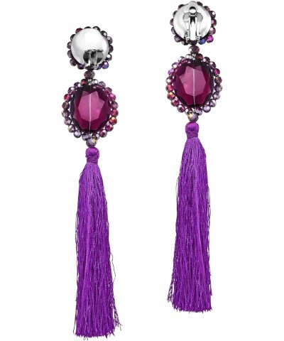 Dramatic Statement Purple Crystal & Cotton Tassels Dangle Clip on Earrings | Purple Dangle Earrings for Women | Crystal Jewel...