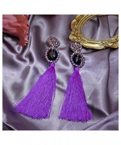 Dramatic Statement Purple Crystal & Cotton Tassels Dangle Clip on Earrings | Purple Dangle Earrings for Women | Crystal Jewel...