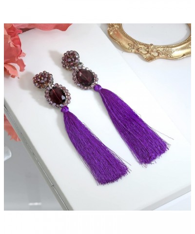 Dramatic Statement Purple Crystal & Cotton Tassels Dangle Clip on Earrings | Purple Dangle Earrings for Women | Crystal Jewel...