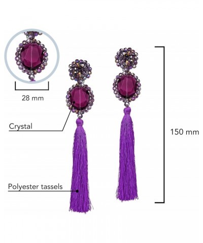 Dramatic Statement Purple Crystal & Cotton Tassels Dangle Clip on Earrings | Purple Dangle Earrings for Women | Crystal Jewel...