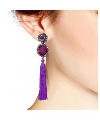 Dramatic Statement Purple Crystal & Cotton Tassels Dangle Clip on Earrings | Purple Dangle Earrings for Women | Crystal Jewel...