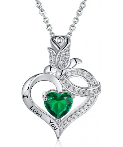 18K White Gold Plated Crystal Heart and Rose Flower Pendant Necklaces for Women with Letter I Love You green $8.39 Necklaces