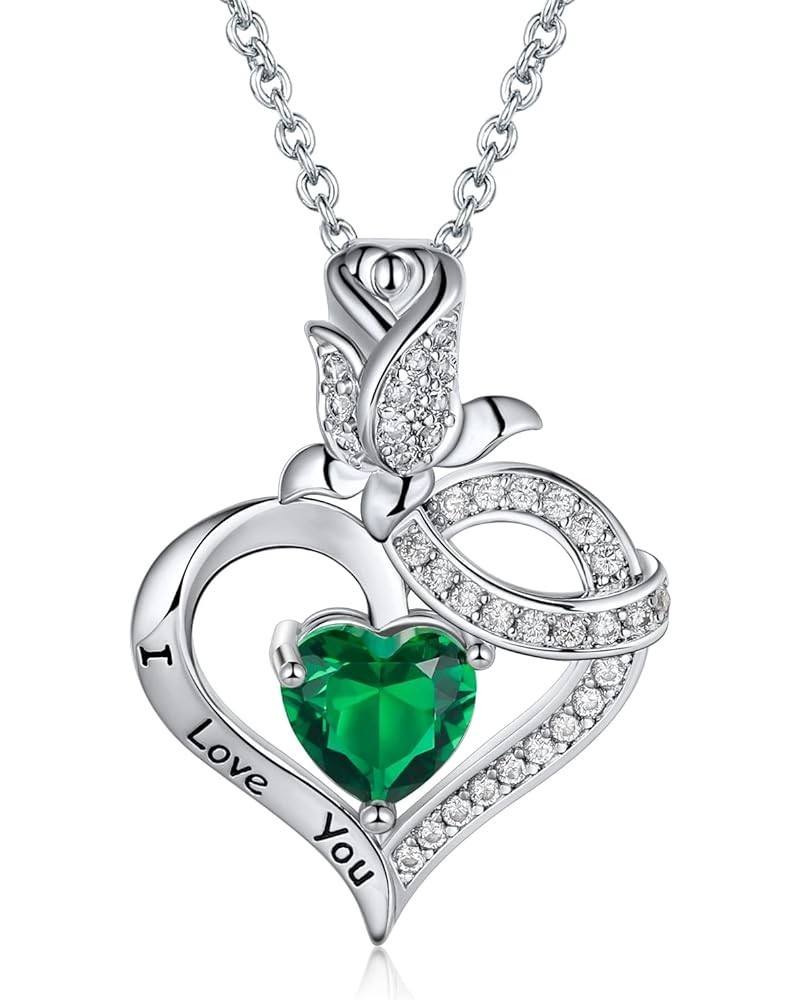 18K White Gold Plated Crystal Heart and Rose Flower Pendant Necklaces for Women with Letter I Love You green $8.39 Necklaces