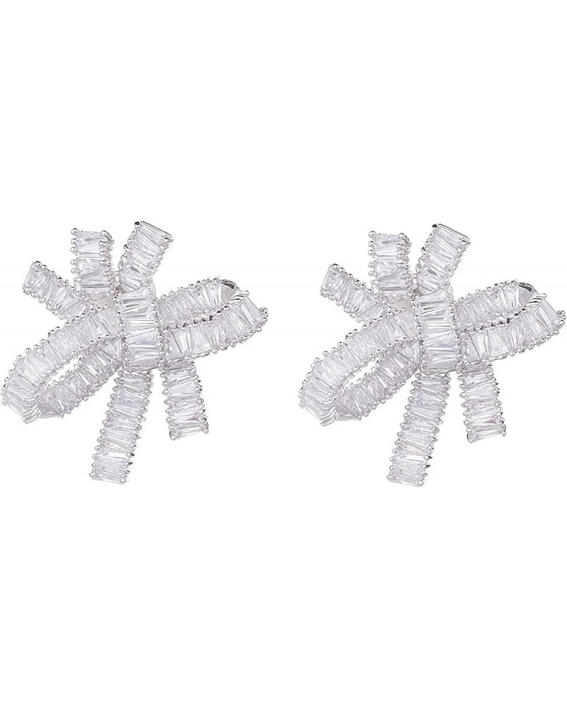 Rhinestone Bow Stud Earrings for Women, Bowknot Shape Earrings Cubic Zirconia Rhinestone Earrings Silver $10.50 Earrings