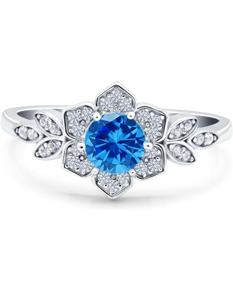 Halo Art Deco Cluster Floral Wedding Engagement Ring Round Simulated Cubic Zirconia 925 Sterling Silver Simulated Blue Topaz ...