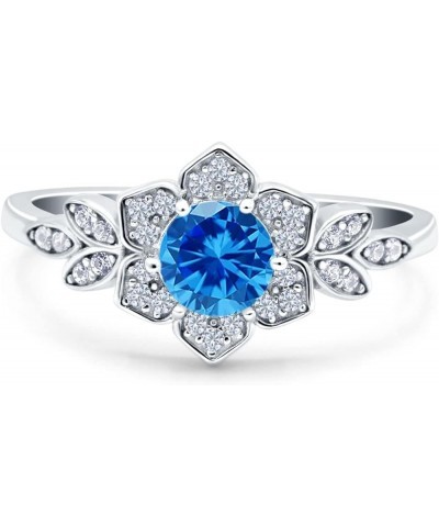 Halo Art Deco Cluster Floral Wedding Engagement Ring Round Simulated Cubic Zirconia 925 Sterling Silver Simulated Blue Topaz ...