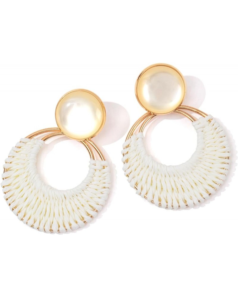 Boho Rattan Dangle Earrings for Women Trendy - Geometric Straw Raffia Earrings for Summer Beach Vacation WHITE $10.02 Earrings