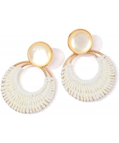 Boho Rattan Dangle Earrings for Women Trendy - Geometric Straw Raffia Earrings for Summer Beach Vacation WHITE $10.02 Earrings