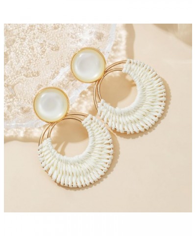 Boho Rattan Dangle Earrings for Women Trendy - Geometric Straw Raffia Earrings for Summer Beach Vacation WHITE $10.02 Earrings