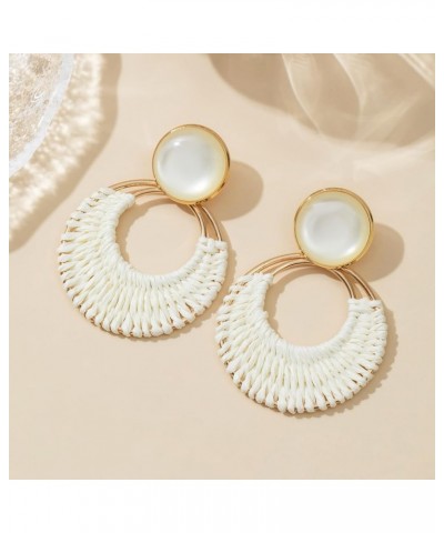 Boho Rattan Dangle Earrings for Women Trendy - Geometric Straw Raffia Earrings for Summer Beach Vacation WHITE $10.02 Earrings