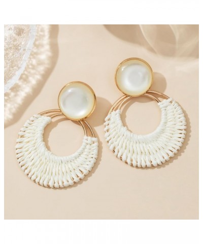 Boho Rattan Dangle Earrings for Women Trendy - Geometric Straw Raffia Earrings for Summer Beach Vacation WHITE $10.02 Earrings