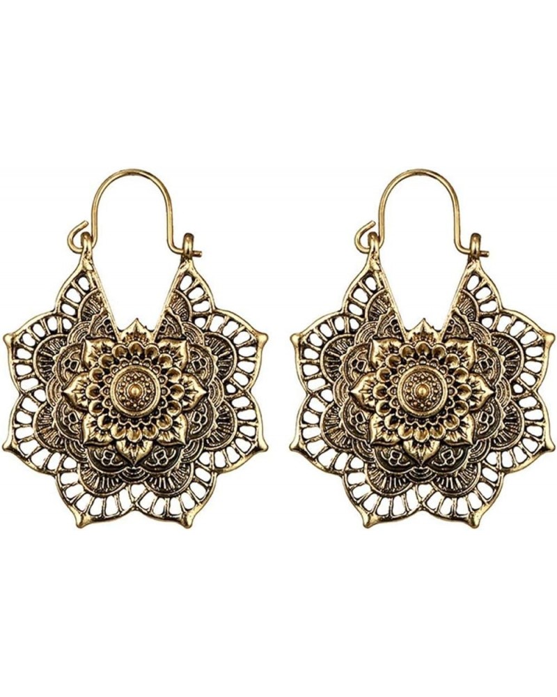 Women Boho Lotus Earrings Boho Antique Silver Gypsy Indian Tribal Ethnic Hoop Dangle Mandala Earrings Enamel Vintage Earrings...