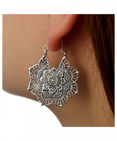 Women Boho Lotus Earrings Boho Antique Silver Gypsy Indian Tribal Ethnic Hoop Dangle Mandala Earrings Enamel Vintage Earrings...