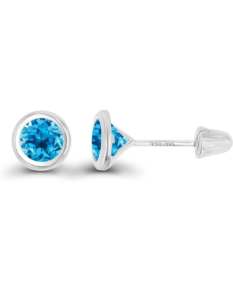 Solid 14K Gold Hypoallergenic 5mm Round Solitaire Birthstone Bezel Screw Back Stud Earrings Blue Topaz-Swiss Blue Topaz White...