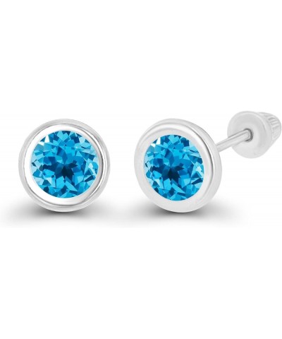 Solid 14K Gold Hypoallergenic 5mm Round Solitaire Birthstone Bezel Screw Back Stud Earrings Blue Topaz-Swiss Blue Topaz White...