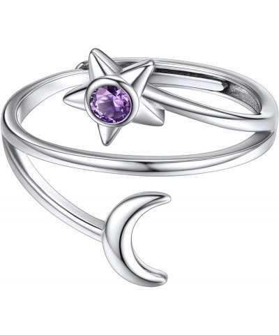 Moon and Star Ring 925 Sterling Silver Birthstone Crescent Moon Adjustable Wrap Open Band Rings Birthday Gift for Women 02. F...