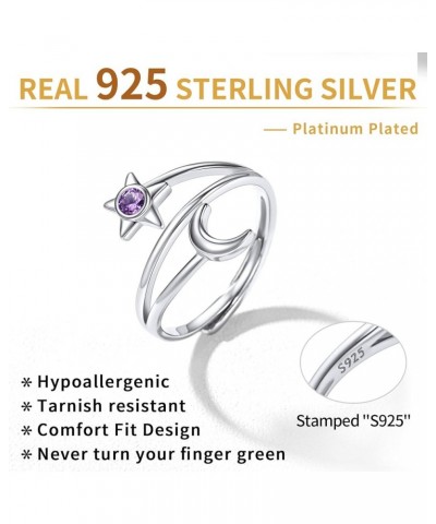 Moon and Star Ring 925 Sterling Silver Birthstone Crescent Moon Adjustable Wrap Open Band Rings Birthday Gift for Women 02. F...