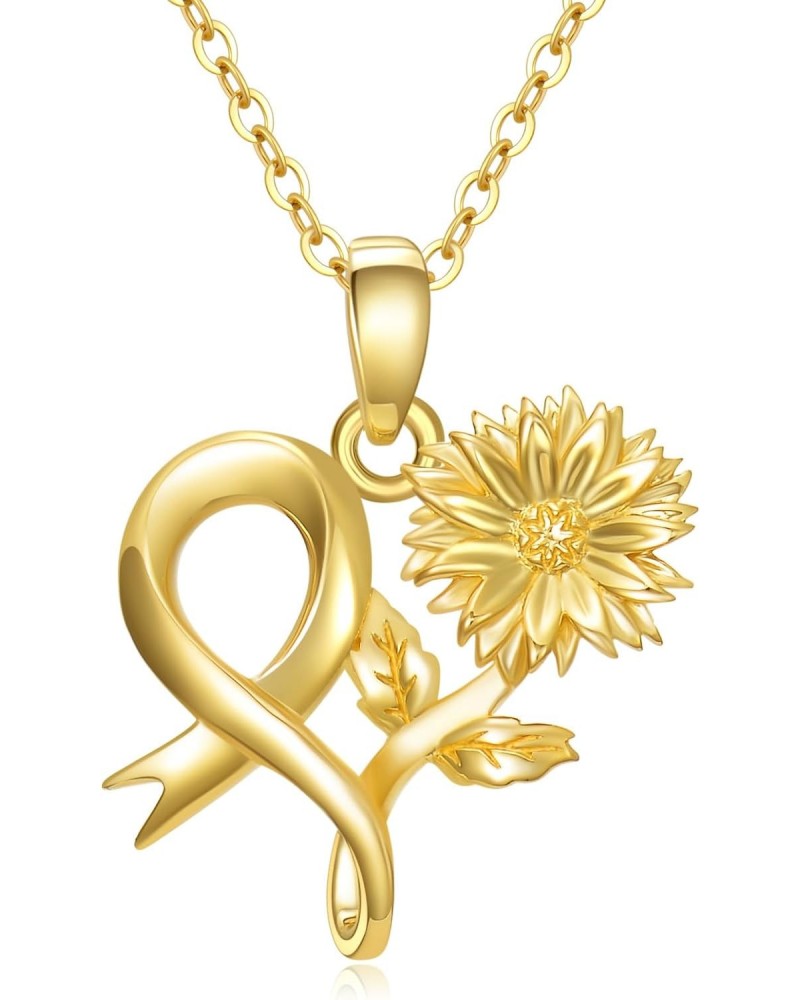 Solid 14K Gold Sunflower Necklace with Survive Ribbon Breast Cancer Awareness Pendant Necklace Jewelry Gift for Her $108.66 N...