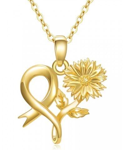 Solid 14K Gold Sunflower Necklace with Survive Ribbon Breast Cancer Awareness Pendant Necklace Jewelry Gift for Her $108.66 N...