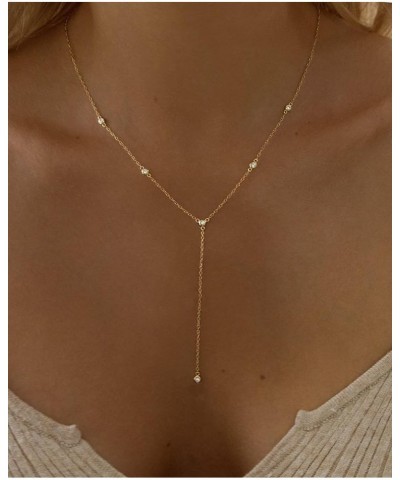 Dainty Gold Necklace for Women, Cute Long Necklace 14K Gold Plated CZ Lips Bead Y Shaped Lariat Necklace Simple Gold Choker N...