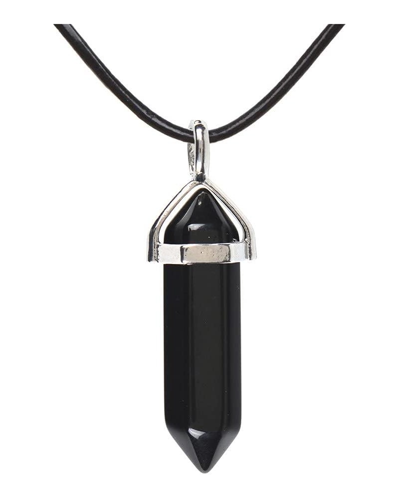 Natural Gemstone Hexagonal Pointed Reiki Chakra Pendant Genuine Leather Necklace 18 Black Agate $7.34 Necklaces