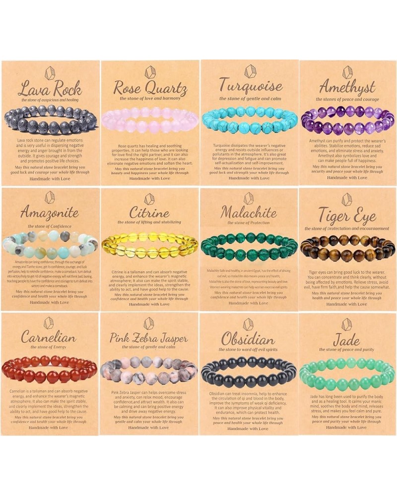 12 Pcs Healing Crystal Stone Bracelets for Women Men Semi-Precious Gemstone Bracelets 8mm Stone Beaded Bracelets Round Beads ...