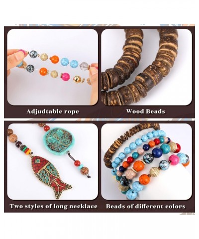 4 Pcs Boho Jewelry for Women Long Turquoise Boho Beaded Necklaces Bead Stackable Bracelets Fish Elephant Wood Beads Handmade ...