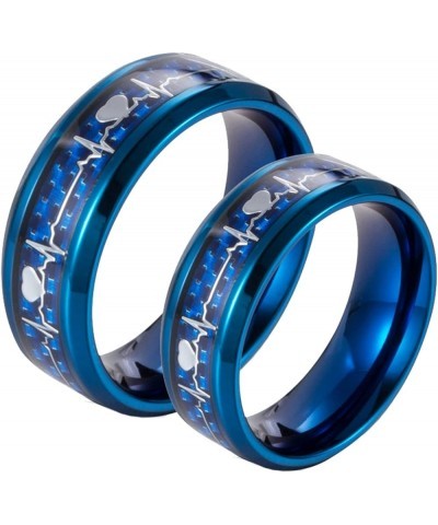 Couples Rings Stainless Steel, Custom Rings for Men and Women Blue Carbon Fiber Ring with Heartbeat Size 6 to Size 13 Customi...